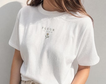 Minimalist Floral Embroidered T-Shirt, "FLEUR" IN BLOOM Tee, Aesthetic Daisy Shirt, Soft Girl Summer Top, Simple Elegant Gift, Gift For Her