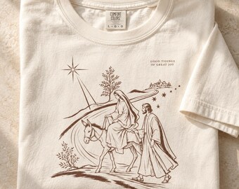 Vintage Christian Christmas Shirt, Mary and Joseph Journey Tee, Nativity Line Art, Bethlehem Star Comfort Colors T-Shirt