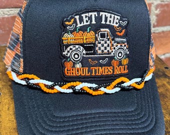 Let The Ghoul Times Roll embroidered patch on custom mesh trucker hat with checkered mesh and hat chain