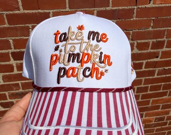 Take Me To The Pumpkin Patch embroidered custom trucker hat with embroidered side detail