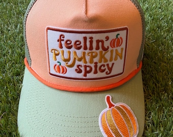 Feeling Pumpkin Spicy custom canvas trucker hat with pumpkin embroidered patch detail