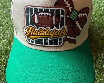 Football Hallelujah with football theme bow on custom canvas trucker with embroidered football detail