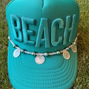 BEACH embroidered word patch on jade Otto custom trucker hat with hat chain