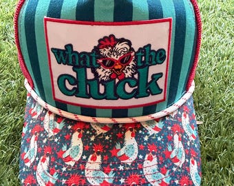 WHAT THE CLUCK embroidered patch on custom canvas/mesh trucker hat