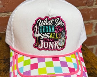 What Ya Gonna Do With All That Junk custom canvas mesh combo trucker hat with multicolored brim