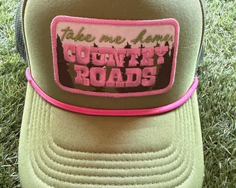 Take Me Home Country Roads on custom mesh tucker hat with adjustable snap back