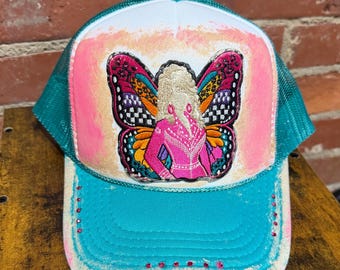 Dolly custom trucker hat painted with rhinestones