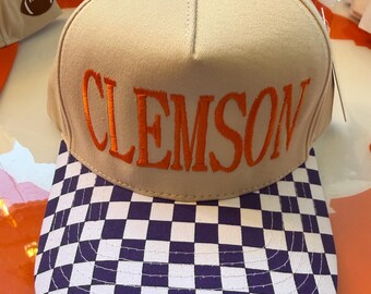Clemson embroidered custom trucker hat with purple and white checkered brim