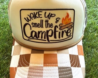 Wake Up Smell The Campfire embroidered patch on custom mesh trucker hat
