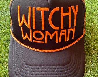 Witchy Woman on black and orange custom mesh trucker hat