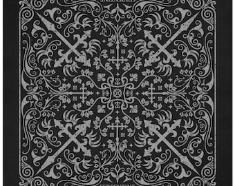 May include: Black square bandana featuring a detailed grey floral and cross design. The design includes two crossed swords and the word "SERPENTINE". The pattern is symmetrical and ornate, with a vintage, gothic aesthetic. The bandana is likely made of cotton.