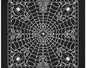 May include: A square black bandana featuring a white printed design of a spider web radiating from the center. Four spiders are positioned in the corners, with one in the middle. The word SERPENTINE is printed on the top and bottom borders.