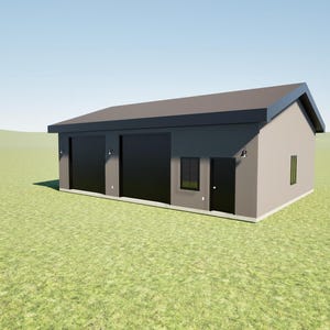 May include: A modern, two-car garage with a dark gray roof and black garage doors. The building has a light gray exterior with a small window and door. The structure is set on a grassy field under a blue sky.