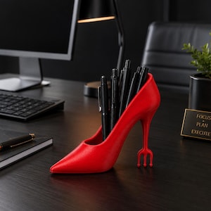 May include: A bright red desk organiser shaped like a high-heeled shoe with a fork-shaped heel. The interior of the shoe holds several black pens. The design features a pointed toe and a slender, pronged heel that rests firmly on the surface.