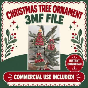 May include: Three Christmas tree-shaped ornaments hanging on a pine branch. The ornaments are green with red lettering and gold trim. One features multiple names, one has a monogram, and one displays the name Emerie. Text reads: CHRISTMAS TREE ORNAMENT 3MF FILE, INSTANT DOWNLOAD, COMMERCIAL USE INCLUDED!