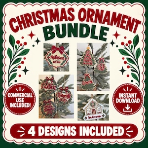 May include: A digital bundle of four Christmas ornament designs featuring red and green text and graphics. The set includes wreath, tree, and house-shaped ornaments with customizable names and dates, presented on a cream background with red and green borders.