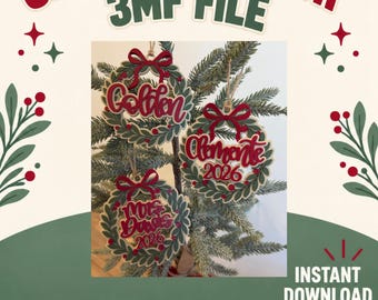 May include: Three circular Christmas wreath ornaments featuring red bows and green foliage. The ornaments display the names Golden, Clemente 2026, and Mrs. Davis 2026 in red script. The text CHRISTMAS WREATH 3MF FILE and INSTANT DOWNLOAD are visible.