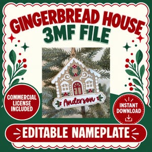 May include: A gingerbread house ornament featuring a white and brown design with a red door, a wreath, and a nameplate with the text Anderson. The ornament hangs from a string and includes the text GINGERBREAD HOUSE 3MF FILE and EDITABLE NAMEPLATE.