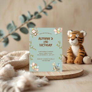 Jungle verjaardagsuitnodiging | Uitnodiging kinderfeestje Monkey & Turtle | Bewerkbare canvassjabloon | Direct downloaden