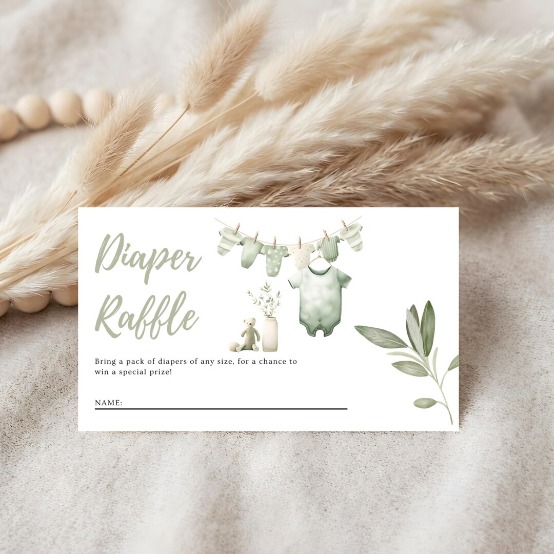 Clothes Line Raffle Hello Baby Diaper Raffle Card | Green Clothesline Baby Shower Theme ...