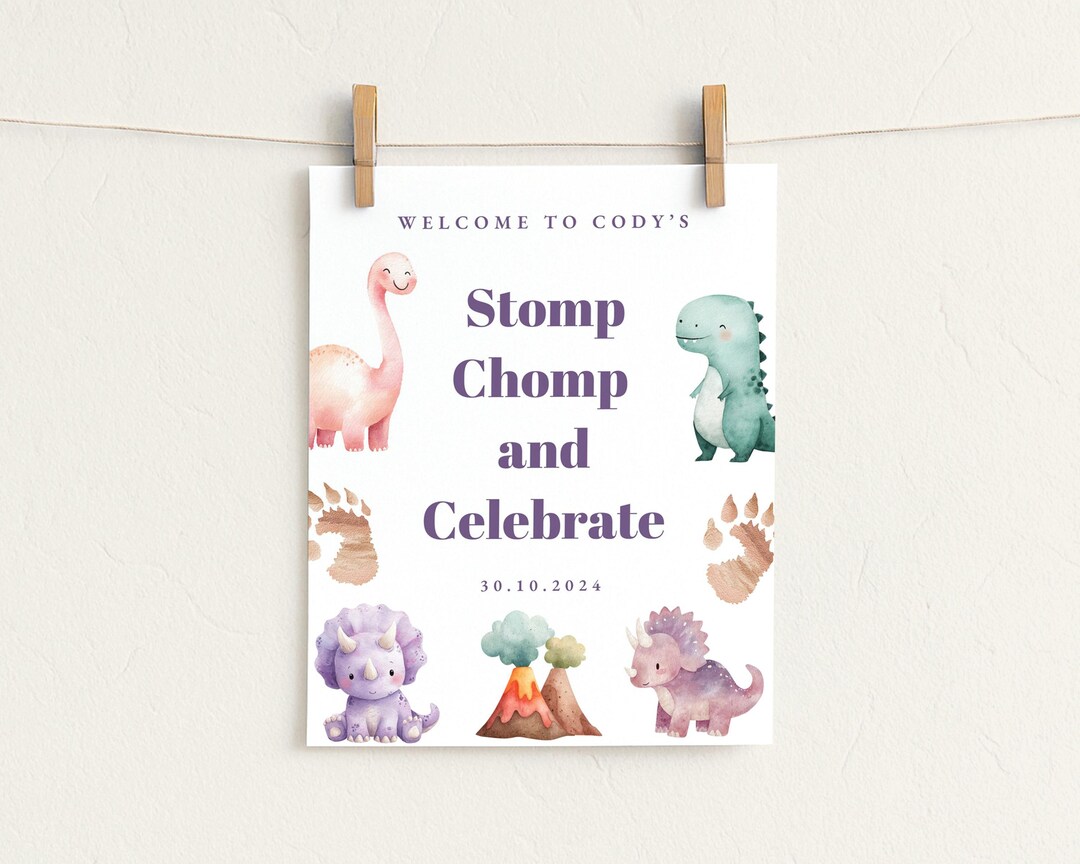 Dinosaur Welcome Sign • Stomp Chomp Celebrate • Watercolor Dino Party ...