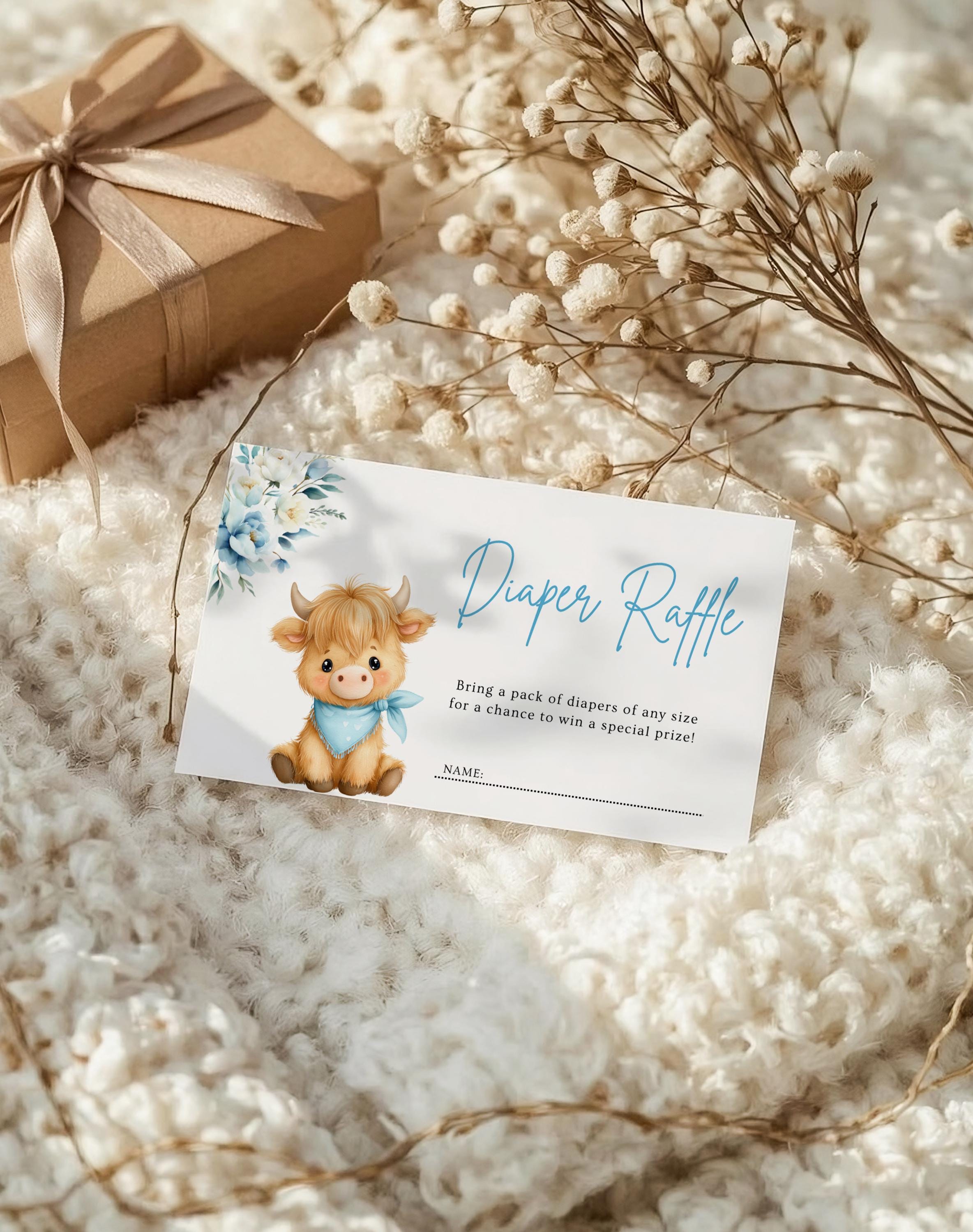 Nappy Raffle Highlander Highland Cow Diaper Raffle Card | Blue Floral Baby Shower Insert | Baby ...