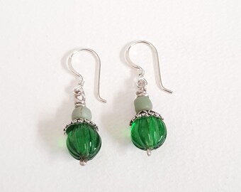 Vibrant Emerald Green Fluted Glass and Sterling silver earrings, Dangle Earrings