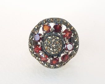 Seconds Sale, BIG Garnet Flower Marcasite Ring, Vintage Ring, Large Sterling Silver Ring, Statement Ring- size US 9.5 Euro 61