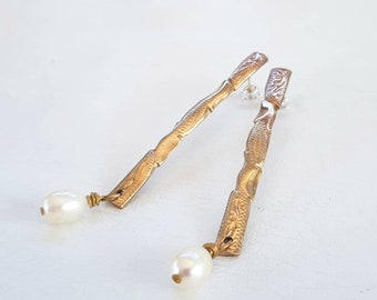 Long Pearl Earrings Vintage Brass and Pearl Post Earrings