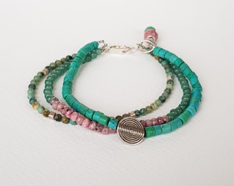 Turquoise, African Turquoise, Rhodochrosite, Minty Aventurine Sterling Silver Multistrand Beaded Bracelet