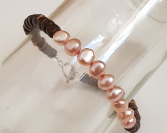 Elegant Pearl and Coconut Bracelet, Brown, Pink Sterling Silver Toggle Bracelet, Modern Bracelet