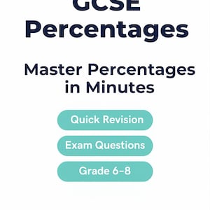 May include: A white graphic with the text "GCSE Percentages" in dark blue. Below, it reads "Master Percentages in Minutes." Three turquoise buttons say "Quick Revision," "Exam Questions," and "Grade 6-8." The image also includes a percentage symbol.