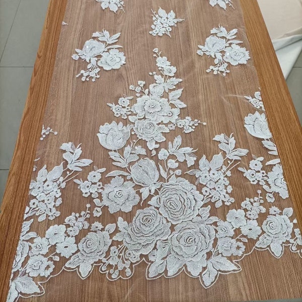 Exquisite Large Flower Rose Clear Sequin Fabric by Yard , Couture Boho Bridal Wedding Gown Fabric