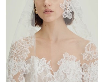 Warm White Alencon Lace Fabric, Floral Embroidery Bridal Veil, Lace Caps