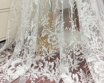 1 Yard Clear Sequin Tulle Floral Embroidered Lace Fabric for Bridal Gown, Wedding Dress, Couture Gown, Costume Design
