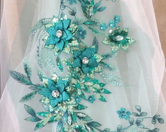 13 colors Delicate 3D Rhinestone Beaded Flower Lace Applique in Green ,3D Flowers Lace Fabric wedding dress stage clothing evening