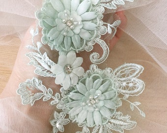 3D Beaded Bridal Lace Applique in Mint Green for Wedding Belt Applique, Veils, Headbands, Sash applique, Garters
