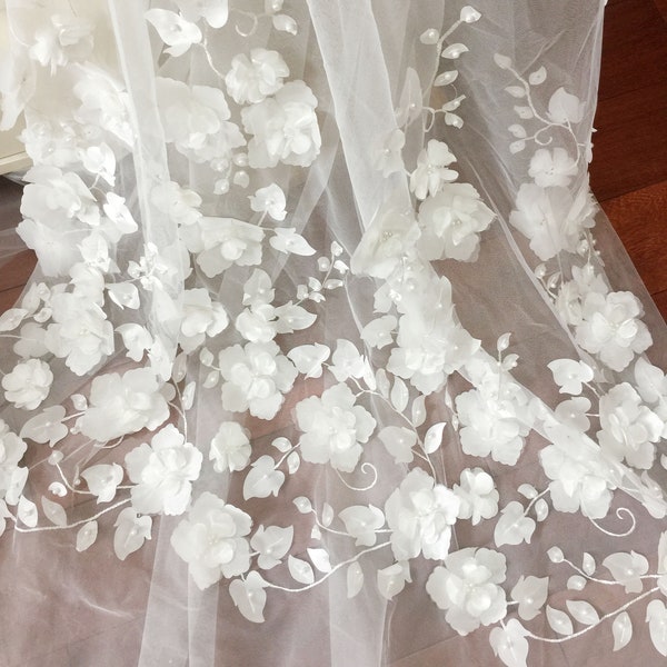 3D Pearl Beaded Full Blossom Flower Tulle Lace Fabric in Off White , Wedding  Gown Bridal Dress Prom Dress Fabric by Yard