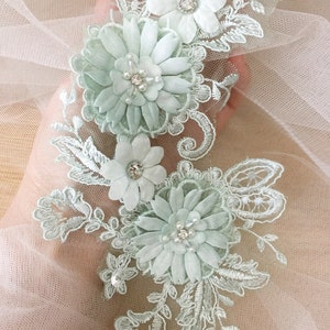 3D Beaded Bridal Lace Applique in Mint Green for Wedding Belt Applique, Veils, Headbands, Sash applique, Garters image 1