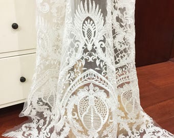 Luxury dense embroidered bridal Lace Fabric in off white, retro floral lace, mesh lace fabric, bridal dress lace fabric, prom dress fabric