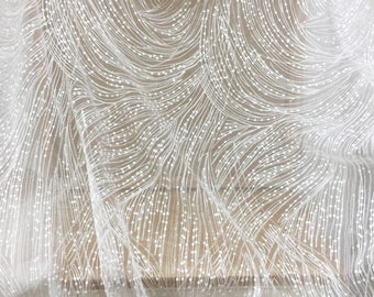 Tela de encaje geométrico blanco roto con lentejuelas, alta costura para vestidos de novia