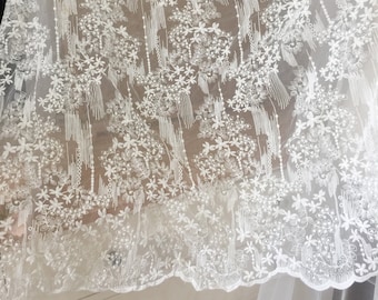 Cream Embroidered Floral Cotton Lace Fabric, Bridal Wedding Apparel