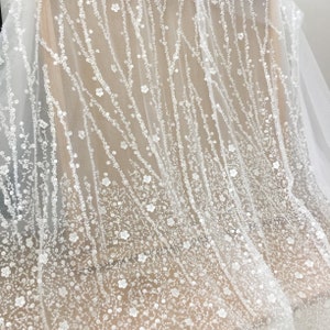 3D Beaded Geometric couture  lace Fabric with line design Tulle ,Wedding Dress Bridal Lace Fabric by Yard