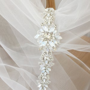 Graceful opal bridal belt applique , rhinestone beaded bridal gown sash iron on applique 5x48cm