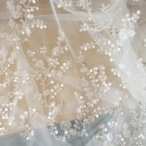 3D Beaded Geometric Couture Lace Fabric with Daisy Design Tulle , Boho Beach Dress Wedding Dress Bridal Lace Fabric by Yard