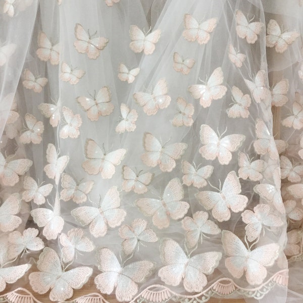 Pale Pink Butterfly Lace Fabric with Clear Sequin for Wedding Gown Soft Off White Tulle Embroidery Lace Fabric by Yard