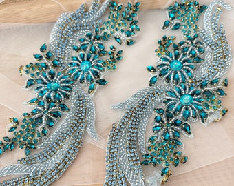 1 Pair Aqua Blue 3D Phoenix Rhinestone Applique Pair Crystal Beaded Bridal Gown Bodice Cape Couture Crystal Applique