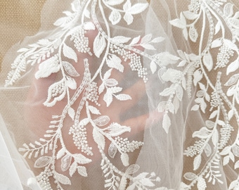 1 Pair 3D Beaded Cotton Floral Embroidery Lace Applique Pair Set , Bridal Veil Wedding Dress Straps Caps Lace Motif