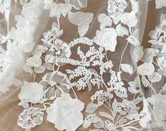 3D Applique Flower Lace Fabric, Off White Bridal Gown Lace, Sold by Yard