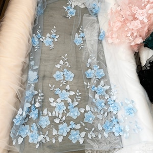 Sky Blue 3D Full Blossom Flower Tulle Lace Fabric , Chic Rosette Wedding Gown Bridal Dress Prom Dress Fabric by Yard